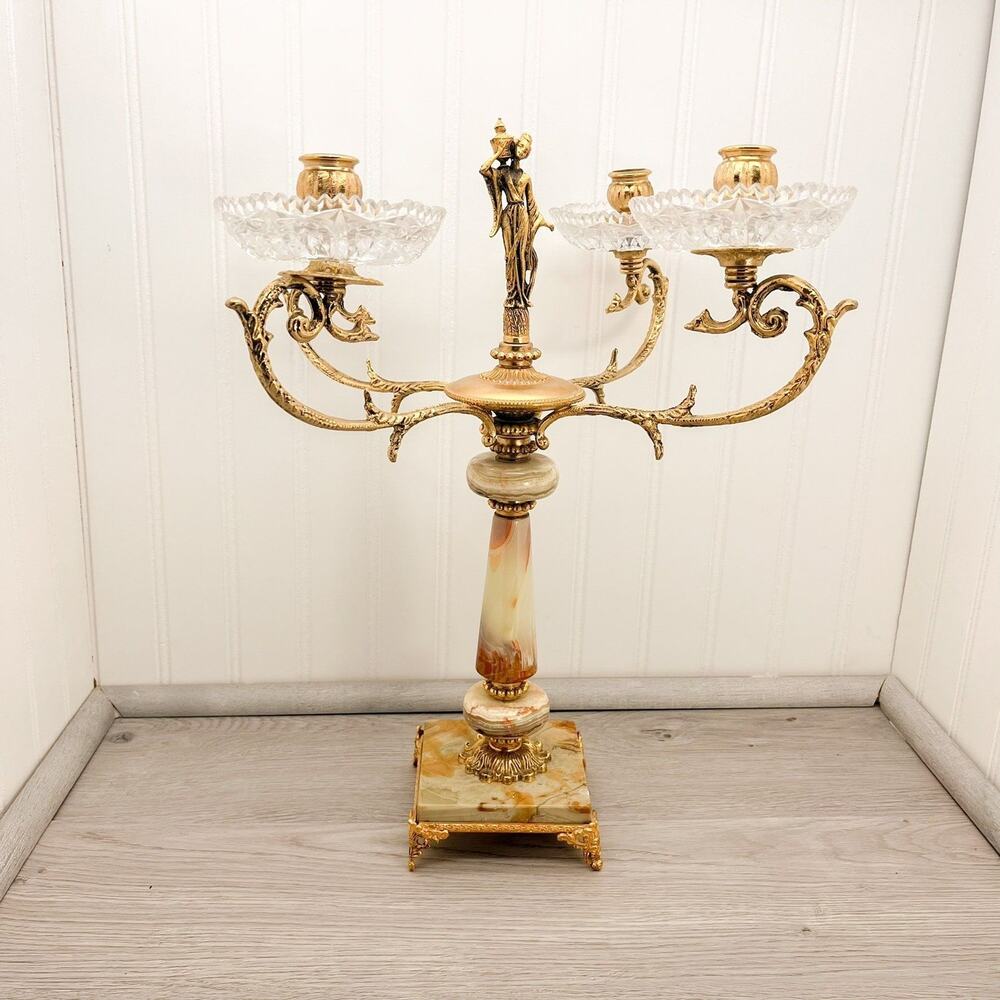 Hollywood Regency Brass Candelabra with Onyx Gilt Bronze and Cut Glass Cre-Art - Picture 2 of 10